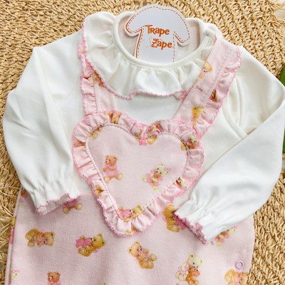 Macacão Longo Coração Ursinhas - Off White e Rose
